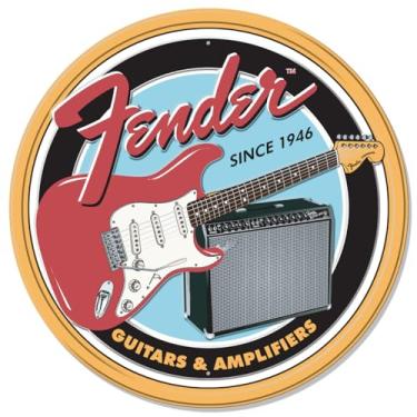 Imagem de Desperate Enterprises Fender Guitars & Amplifiers Round Tin Sign - Nostalgic Vintage Metal Wall Decor - Made in USA
