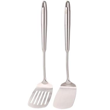 Imagem de Conjunto de espátulas de aço inoxidável 18/10 - Espátulas de 38 cm de comprimento para cozinha, utensílios de cozinha de metal - 1 espátula com fenda + 1 espátula sólida (estilo A - toda escovada de