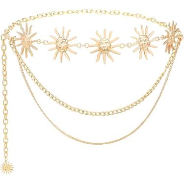 Imagem de NEOGRACE Corrente de metal feminina prata sol lua cinto de barriga acessórios corrente de cintura ajustável para vestidos, jeans e roupas, Dourado 01, Total length: 45 inches