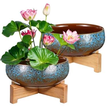 Imagem de Baderke 2 peças de vaso de lótus com base de cerâmica hidropônica tigela de lírio d'água para plantar plantas aquáticas e internas decoração de bacia de cerâmica doméstica (azul)