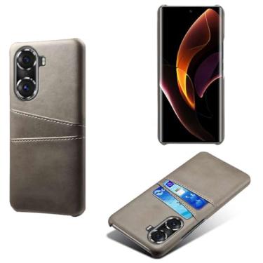 Imagem de Capas Compatível com Honor 60 Pro,Caso de couro PU-Tampa de telefone a prova de choque com 2 slots de cartão,Proteção anti-impressão digital e anti-gota-Grey