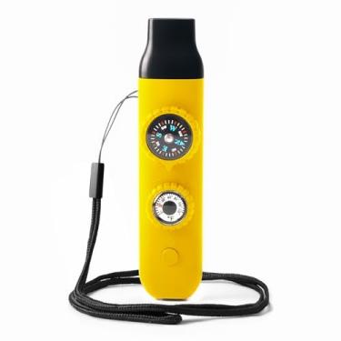 Imagem de Apito de segurança de sobrevivência de emergência, apito para crianças com cordão, bússola, termômetro, ideal para caiaque, passeios de barco, caminhadas, acampamento, escalada (amarelo)