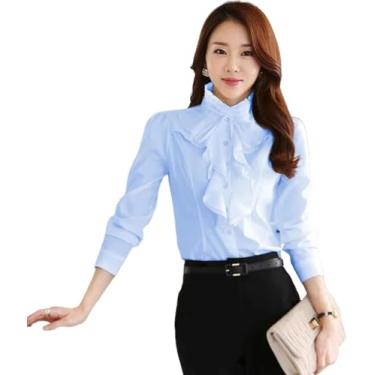 Imagem de Camisas Mulheres Babados Design Blusa Camisa Feminina Manga Comprida Gola Senhora Trabalho Formal Mulheres Tops, Black, XL