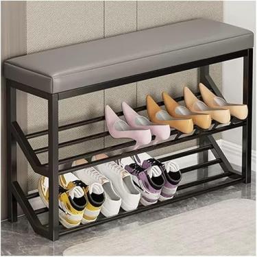 Imagem de Banco De Sapateira De 2 Andares Com Armazenamento De Metal Banco De Entrada Industrial Para Entrada Hall Suporte De Sapato Organizador E Assento, Black+gray, 80 * 20 * 48cm