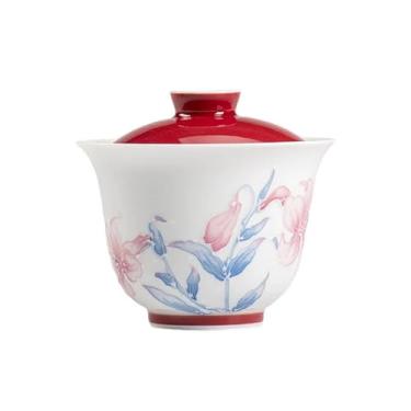 Imagem de Conjunto de chá de gongfu pintado à mão – motivos de lírio em porcelana branca pura, inclui bule de chá, Gaiwan, xícaras de chá e bandeja de bule, conjunto de cerimônia de chá para adultos (Gaiwan)