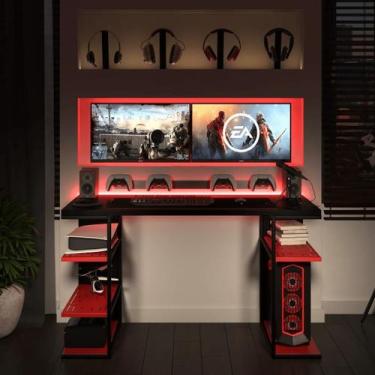 Imagem de Mesa Gamer Metal e Madeira com Prateleiras Vermelha e Preta - E-LED BR