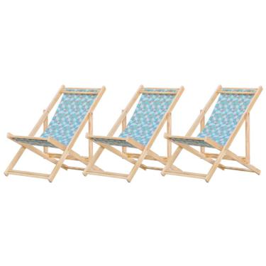 Imagem de Kit 3 Espreguiçadeiras Preguiçosa Dobrável sem Braço Natural em Madeira Maciça Tecido