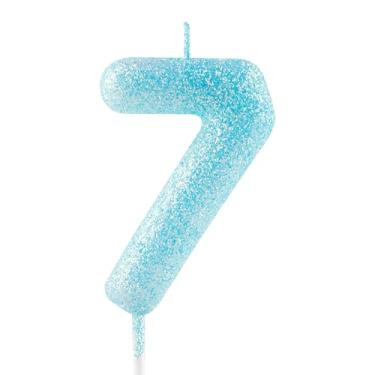 Imagem de Vela de 7º aniversário com glitter azul número 7 velas luminosas para bolo decorações de feliz aniversário para meninas, meninos, mulheres, comemorações, artigos de festa