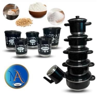 Imagem de Jogo kit de Panela 6 Peças + Lata de Mantimento 5 Peças Alumínio Preto