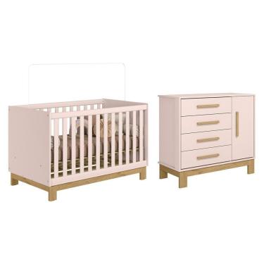Imagem de Jogo De Quarto Infantil Q Encanto Slim Cômoda E Berço Mini Cama Rosa Acetinado - Qmovi Rosa Acetinado