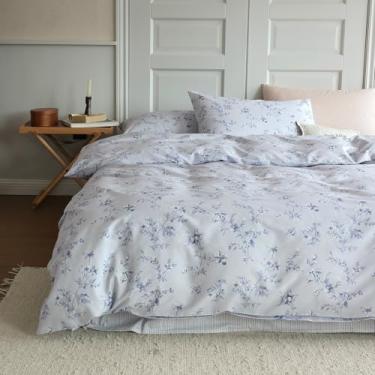 Imagem de MOTNTD Conjunto de capa de edredom floral Queen de algodão macio tamanho queen, boêmio, estética, fofo, chique, conjunto de capa de edredom com 4 laços de cantos, casa de fazenda, rústico, Queen, capa