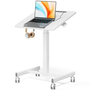 Imagem de JOY worker Mesa móvel pequena com mesa inclinada de 90°, mesa com rodinhas de altura ajustável de 59,9 cm x 52 cm, ganchos e compartimentos para dispositivos, 4 rodas bloqueáveis para escritório em