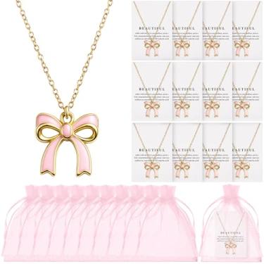 Imagem de Tondiamo 12 peças laço rosa lembrancinhas de festa colar de presente a granel feminino delicado laço laço joia pingente com cartão de presente e bolsa de armazenamento para mãe, esposa, irmã amigas
