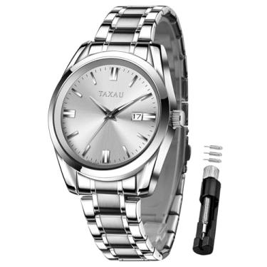 Imagem de Taxau Relógios masculinos à prova d'água, prateados, analógicos, de aço inoxidável, relógio masculino de luxo com data para pulso grande minimalista, relógios de rosto grande para hombres
