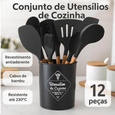 Imagem de Jogo Talheres 12 Utensílios Silicone Cabo Madeira Econômico Preto - LI