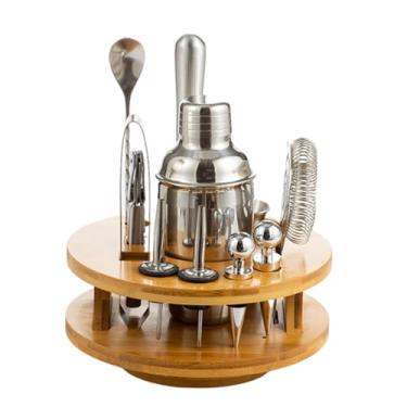 Imagem de ZZTWER Conjunto de coqueteleira de aço inoxidável de 12 peças, coqueteleira com base de bambu giratória, conjunto de misturador de bebidas para casa e bar