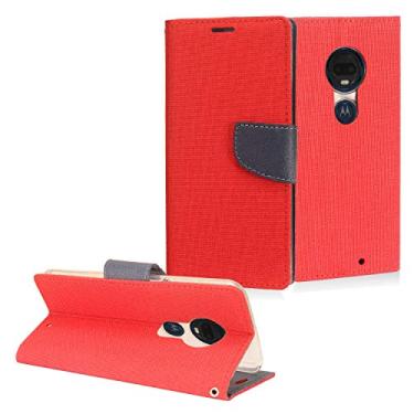 Imagem de Para T-Mobile Revvlry+ Plus, Motorola Moto G7, Moto G7 Plus XT1962/XT1965 - Capa de telefone tipo carteira flip de tecido jeans - CT5 Vermelho
