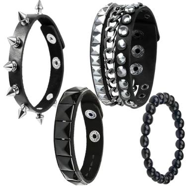 Imagem de Naturahand 4 peças de pulseira de couro cravejado punk rock ajustável emo spike pulseira acessório retro 80 pulseira cravejada para homens e mulheres, 0.6in*8.7in, Couro, Sem Pedra Preciosa
