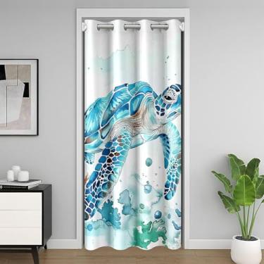 Imagem de Cortina de porta infantil tartaruga marinha, animal marinho submarino, cortina blackout para quarto, porta de entrada, sala de estar, tie-dye graffiti coral, algas marinhas, azul, branco, privacidade