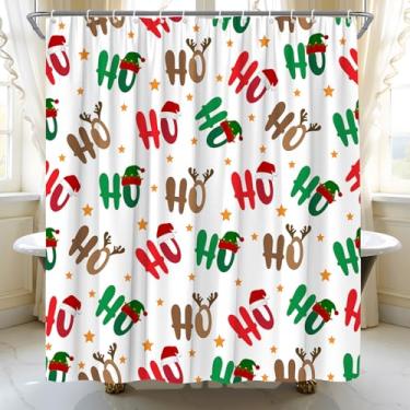 Imagem de AMFD Cortina de chuveiro Merry Christmas, vermelha, verde, marrom, Papai Noel, desenho animado, Natal, Natal, Natal, conjunto de tecido decorativo inclui ganchos, (177,8 cm WX70 H)