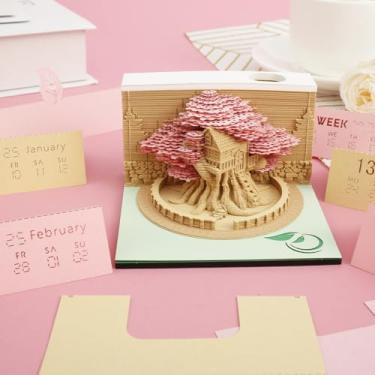 Imagem de ZJRDYYK Calendário semanal 3D 2025, bloco de notas de calendário de arte 3D, calendário de peça de tempo, calendário de mesa 3D, bloco de notas 3D, notas adesivas com capa de poeira (casa na árvore