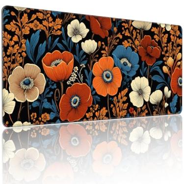 Imagem de Yuansm 90 x 40 cm, mouse pad grande, teclado e mouse pad para computadores domésticos e trabalho e laptop grande, flores azuis laranja