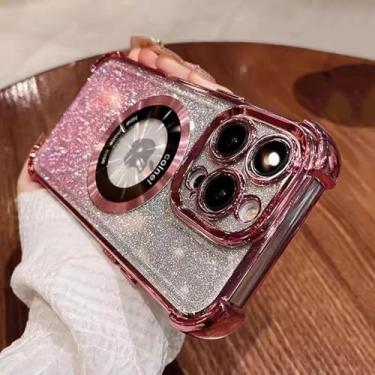 Imagem de HJZSZX Para iPhone16 Pro Luxo Magnético Glitter À Prova de Choque Capa de Telefone Vidro Proteção de Lente Acrílico Capa Traseira (Para iPhone16 Pro/Rosa)