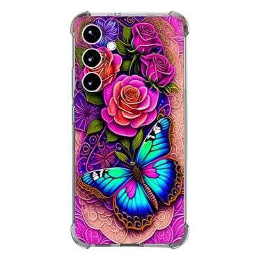 Imagem de Beaucov Capa para Galaxy S25 FE, borboleta azul flores rosa proteção contra quedas capa à prova de choque TPU capa protetora de corpo inteiro resistente a arranhões para Samaung Galaxy S25 FE