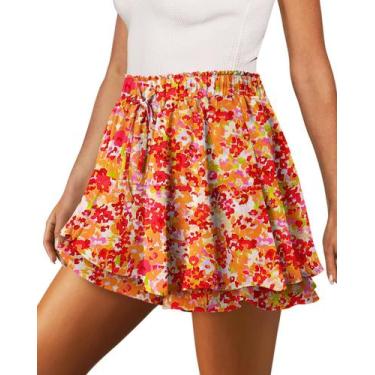 Imagem de Shorts Only Puff Flowy Chiffon Ruffle Skirts Orange Floral - onlypuff