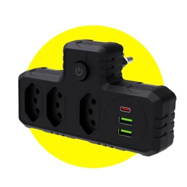 Imagem de Extensão Tomada Régua Elétrica 3 Tomadas, 2 entradas USB, 1 Porta USB Tipo-C, Adaptador T Benjamin, Suporte a Tensão de 110-220V Filtro de Linha Bivolt Potência de 2500W (Preto)