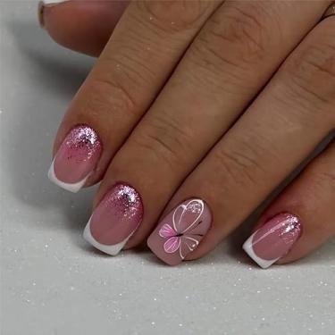 Imagem de Unhas curtas quadradas de pressão borboleta unhas postiças brancas com ponta francesa cola nas unhas de acrílico com glitter rosa com designs de cobertura total, unhas postiças brilhantes para