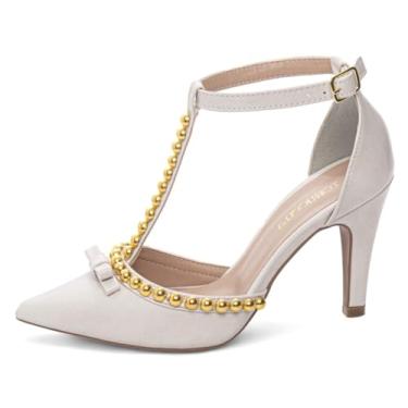 Imagem de Sapato Scarpin Salto Alto Bico Fino 9cm Feminino Pérolas Douradas (Off White, BR, Adulto, Numérico, 37)