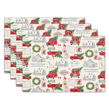 Imagem de Jogo americano de caminhão vermelho de Natal, conjunto de 4 tapetes de mesa com padrão de árvore de Natal, 30 x 45 cm, sazonal, inverno, férias, lavável, para casa, festa, cozinha, jantar