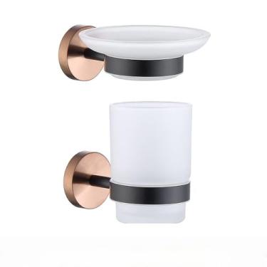 Imagem de Suporte para escova de vaso sanitário com copo de vidro, suporte para rolo de papel higiênico de parede, gancho para cabide de roupão de aço inoxidável, acessórios de banheiro, conjunto completo com