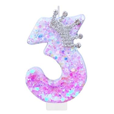 Imagem de Vela roxa número 3 de aniversário para bolo, coroa roxa, decoração de festa de aniversário de princesa, enfeite de cupcake, lembrancinhas de festa, suprimentos de decoração