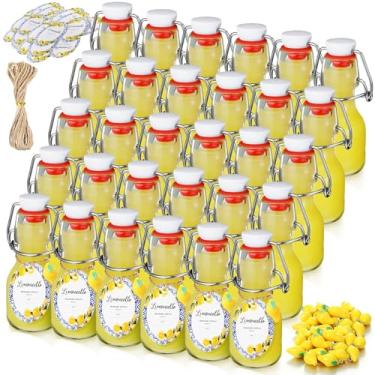 Imagem de Skybooly Pacote com 40 mini garrafas de vidro de 60 ml com etiquetas e barbante para líquidos, mini frasco de vidro de xarope com pingente de resina para presentes de casamento artesanais (Limão azul)