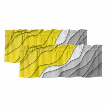 Imagem de Cortina de saia ombré amarela para janelas Kithchen amarelo e cinza gradiente moderno abstrato geométrico para varão, sanefas para quarto/sala de estar/banheiro, 2 painéis, 137 x 45 cm