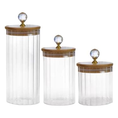 Imagem de Kit 3 Potes Herméticos CANELADO TRANSPARENTE CRISTAL Porta Condimentos Tampa Bambu Cozinha(3 Potes (PMG))