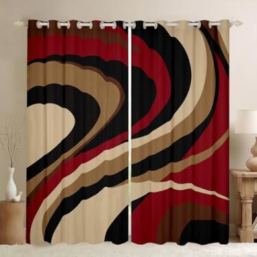 Imagem de Cortina de janela com linhas irregulares, arte abstrata, listrada, decoração de quarto de crianças, meninas, adolescentes, adultos, marrom, vermelho, cáqui, cortinas de janela rústica, retrô, cortinas