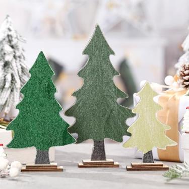 Imagem de Yalikop 3 peças de placa de árvore de Natal verde sálvia neutra decorações de mesa de Natal de madeira rústica, centro de mesa, bandeja de inverno em camadas, decoração para casa, escritório, lareira