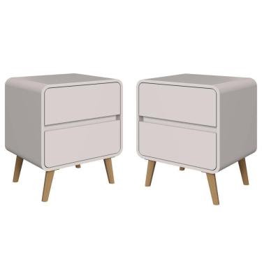 Imagem de Kit Conjunto 02 Mesas De Cabeceira Canto Curvo Com 02 Gavetas E Pés Palito Retrô Bege Dunas