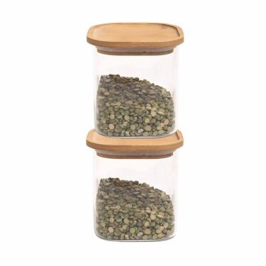 Imagem de 2 Pote Hermético Vidro Bambu 800Ml Mantimentos Alimentos