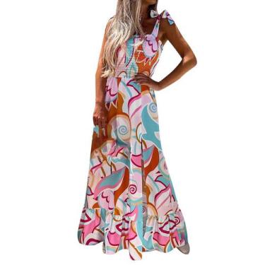 Imagem de Vestido Maxi Feminino Casual Multicolor Impressão Manga Ruffle Beach S