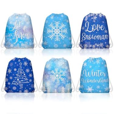 Imagem de CC HOME 12 unidades de sacos de cordão de floco de neve azul, sacos de presente de doces do país das maravilhas de inverno, sacos de lembrancinha de festa de Natal para chá de bebê, crianças, meninas