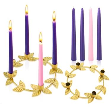 Imagem de Threehoney Anel de guirlanda do advento conjunto de velas afuniladas suporte de advento de metal de Natal decoração de mesa para festival de Natal, decoração de peça central de casa, 3 roxos e 1 rosa