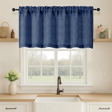 Imagem de OVZME Saia azul marinho para janelas, cortinas curtas de linho sintético texturizadas com filtro de luz para janelas, cortina curta para casa de banho, 152 cm L x 56 cm C, 1 peça