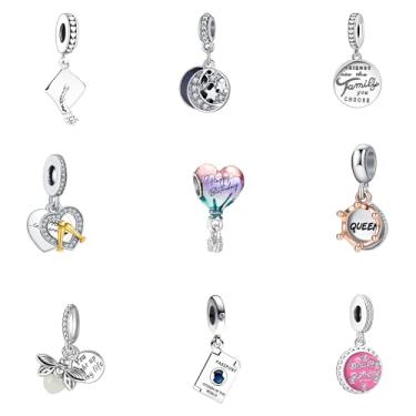 Imagem de 9 peças pingentes europeus de contas para pulseira, berloques DIY pulseiras, colar, joias, presente para aniversário, dia dos namorados, Natal, Dia das Mães, bolo, coroa dourada, coração, balão