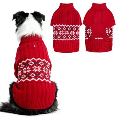 Imagem de PUPTECK Suéter para cães, suéter quente de gola rolê com orifício para trela, pulôver, padrão de floco de neve, roupas de inverno para animais de estimação, suéter de Natal para cães médios e grandes