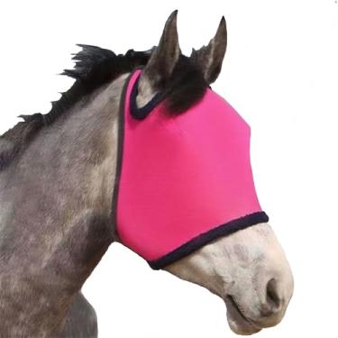 Imagem de Máscara de mosca de cavalo rosa grande espaço respirável proteção UV conforto máscara de malha de rosto inteiro com alça ajustável para cavalos