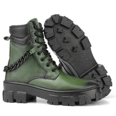 Imagem de Bota Coturno Couro Militar Feminino Cano Médio Solado Tratorado Corrente Casual Verde Militar-Feminino